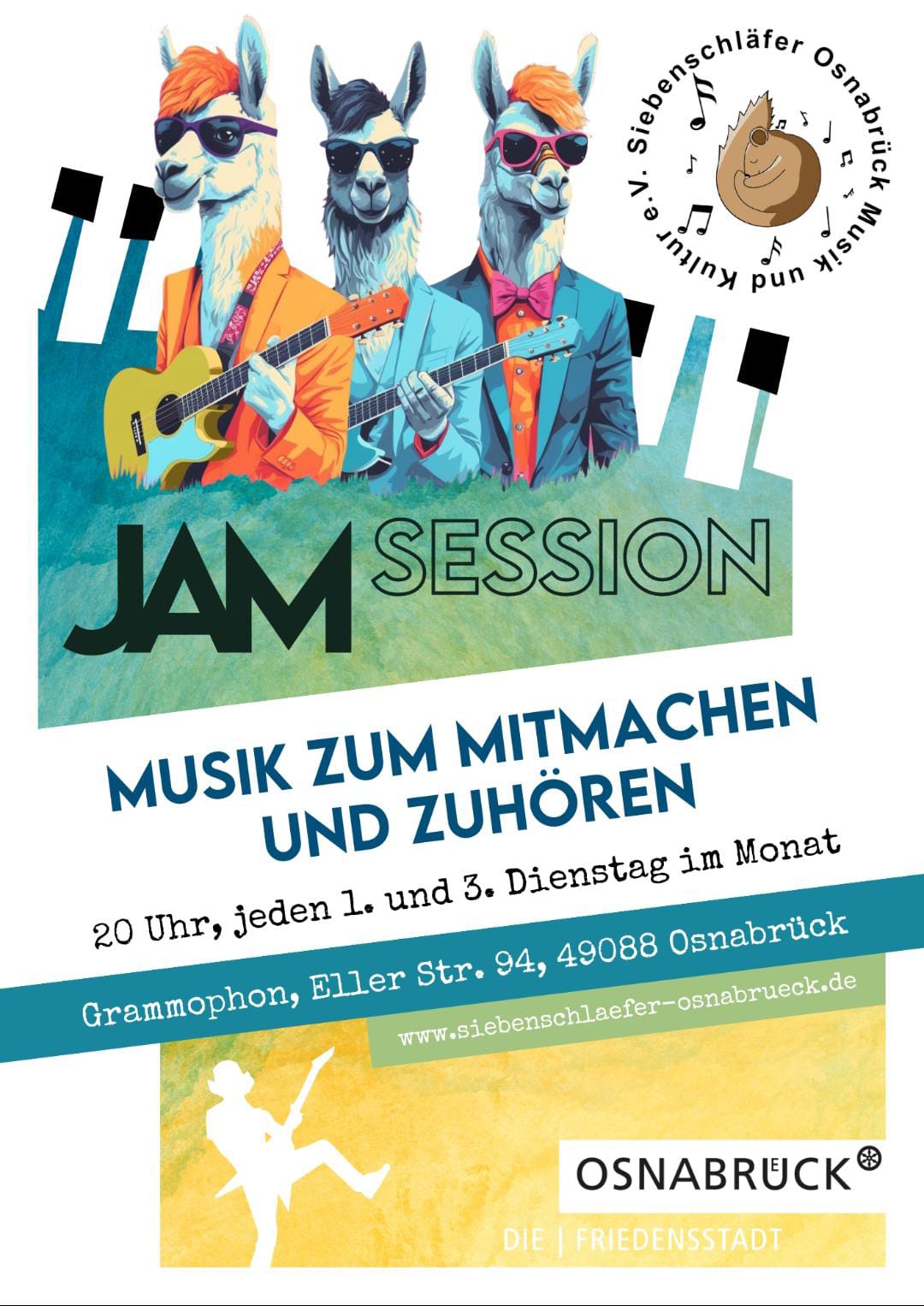 Veranstaltungsplakat Siebenschläfer JamSession. An jedem 1ten und 3ten Dienstag im Monat 
                                    organisieren wir (Siebenschläfer Osnabrück Musik und Kultur e.V.) eine OpenSession. Hierzu sind alle 
                                    herzlich eingeladen, die Spaß an Musik haben. Ob Musiker oder Zuhörer, alle sind willkommen :-)
                                    Wir stellen Schlagzeug, Keyboard, Bass, Gitarre und Mikrofone für die, die Musik machen wollen, aber 
                                    kein Instrumente dabei haben, bereit. Ihr könnt aber natürlich gerne Eure eigenen Musikintrumente 
                                    mitbringen und bei Bedarf an die PA anschließen ;-)
                                    Da es sich um eine frei Session handel, sind keine Musikrichtungen/-stile vorgeben. Es kann sich also 
                                    alles entwickeln :-D
                                    Die nächsten Session finden am 04.04.2023 und am 18.04.2023 im Grammophon in der Ellerstraße 94 in 49088
                                    Osnabrück statt.
