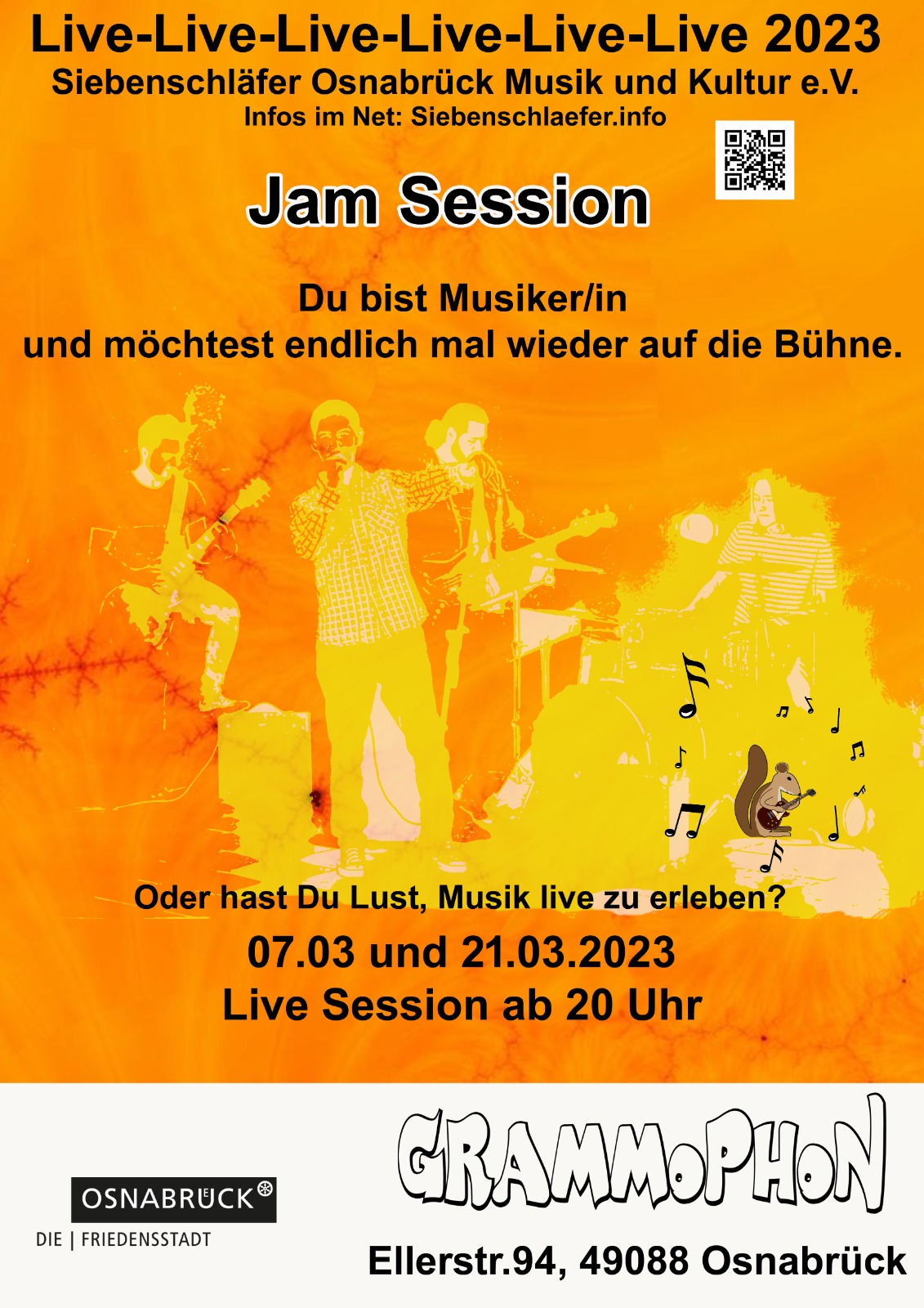 Veranstaltungsplakat Siebenschläfer JamSession im April. An jedem 1ten und 3ten Dienstag im Monat 
                                    organisieren wir (Siebenschläfer Osnabrück Musik und Kultur e.V.) eine OpenSession. Hierzu sind alle 
                                    herzlich eingeladen, die Spaß an Musik haben. Ob Musiker oder Zuhörer, alle sind willkommen :-)
                                    Wir stellen Schlagzeug, Keyboard, Bass, Gitarre und Mikrofone für die, die Musik machen wollen, aber 
                                    kein Instrumente dabei haben, bereit. Ihr könnt aber natürlich gerne Eure eigenen Musikintrumente 
                                    mitbringen und bei Bedarf an die PA anschließen ;-)
                                    Da es sich um eine frei Session handel, sind keine Musikrichtungen/-stile vorgeben. Es kann sich also 
                                    alles entwickeln :-D
                                    Die nächsten Session finden am 04.04.2023 und am 18.04.2023 im Grammophon in der Ellerstraße 94 in 49088
                                    Osnabrück statt.