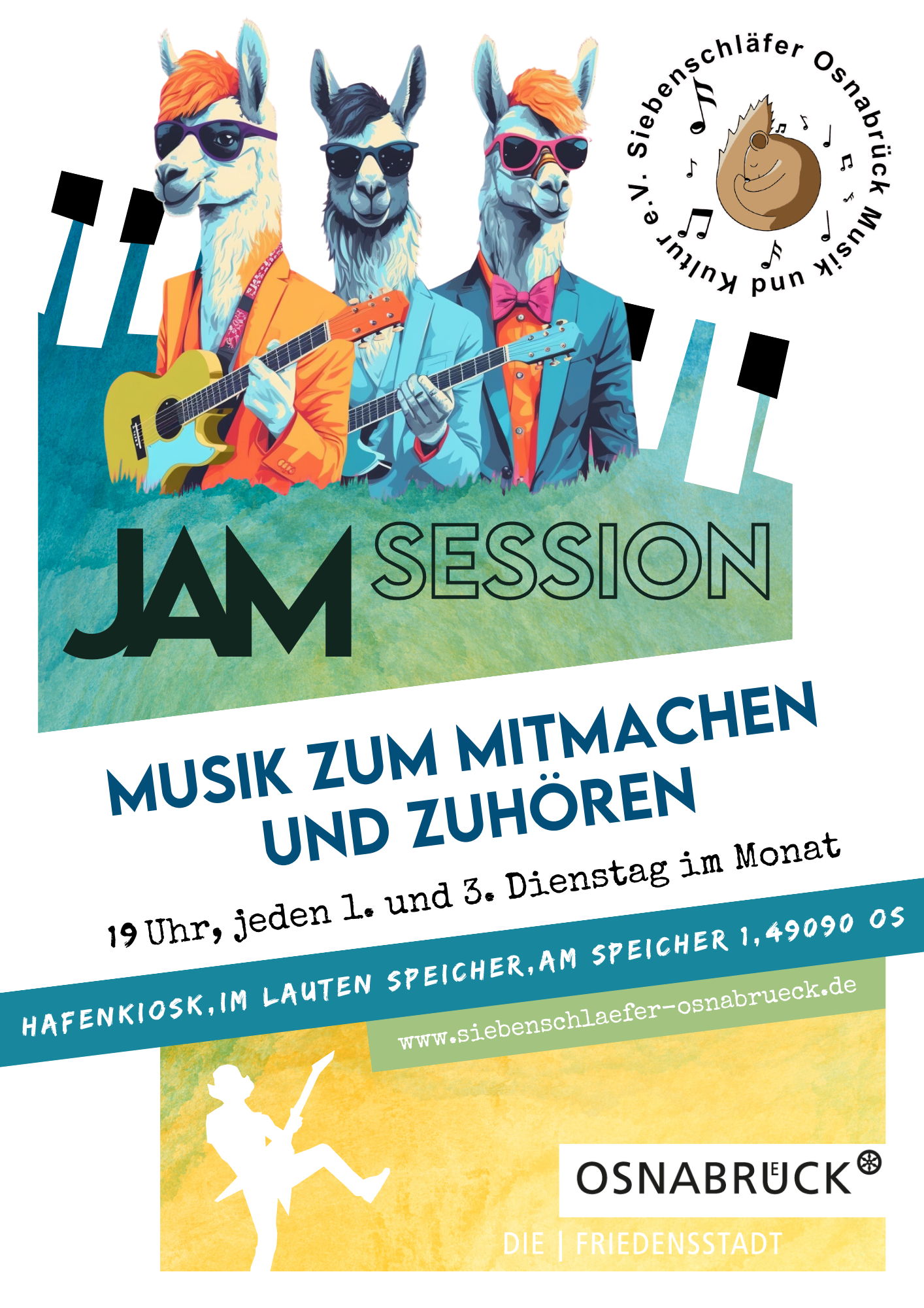 Veranstaltungsplakat Siebenschläfer JamSession. An jedem 1ten und 3ten Dienstag im Monat 
                                    organisieren wir (Siebenschläfer Osnabrück Musik und Kultur e.V.) eine OpenSession. Hierzu sind alle 
                                    herzlich eingeladen, die Spaß an Musik haben. Ob Musiker oder Zuhörer, alle sind willkommen :-)
                                    Wir stellen Schlagzeug, Keyboard, Bass, Gitarre und Mikrofone für die, die Musik machen wollen, aber 
                                    kein Instrumente dabei haben, bereit. Ihr könnt aber natürlich gerne Eure eigenen Musikintrumente 
                                    mitbringen und bei Bedarf an die PA anschließen ;-)
                                    Da es sich um eine frei Session handel, sind keine Musikrichtungen/-stile vorgeben. Es kann sich also 
                                    alles entwickeln :-D
                                    Die nächsten Session finden im Lauten Speicher am Speicher 1in 49090 
                                    Osnabrück statt.