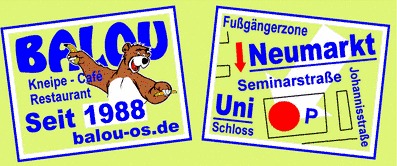 Logo vom Balou im Kolpinghaus in Osnabrück. Auf dem Logo sind zwei Quadrate zu sehen. Im linken 
                                    Quadrat ist Balou der Bär zu sehen wie er winkt. Uber ihm steht in großen Lettern: BALOU. Darunter 
                                    steht: Kneipe - Cafe Restaurant seit 1988 balou-os.de. Im rechten Quadrat ist eine Standortsskizze abgebildet